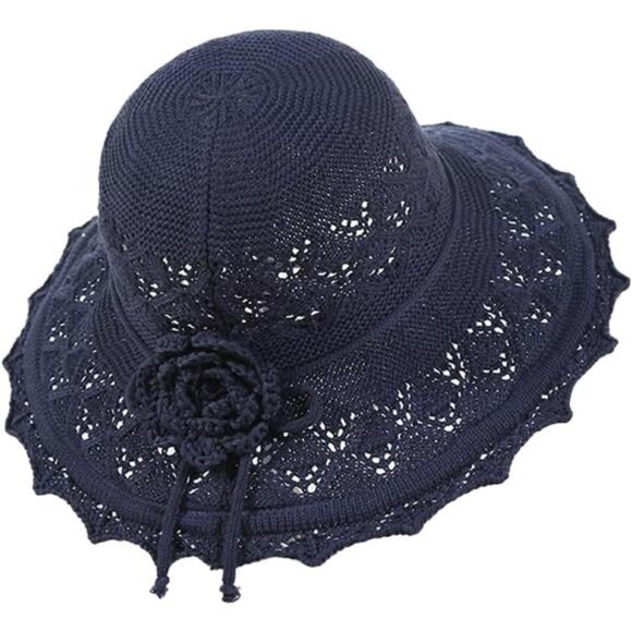Women\'s Ruffled Flowers Summer Beach Hat Wide Brim Knitted Sun Hats Foldable Cap